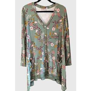 LOGO Lori Goldstein Sage Floral Button Front Tunic Cardigan 1X Pockets Layer